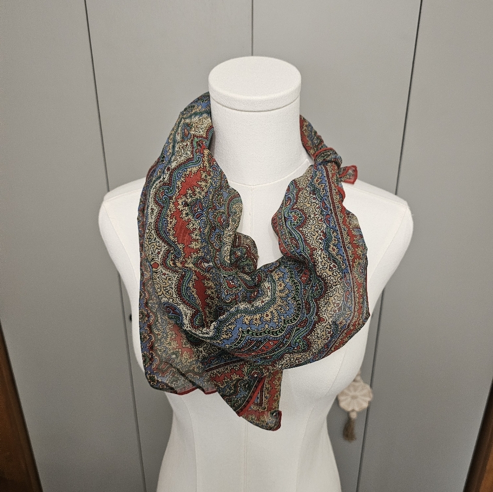 Vtg Colorful Rayon WPL Square Lightweight Scarf Womens OS Red Blue Japan 40s 50s